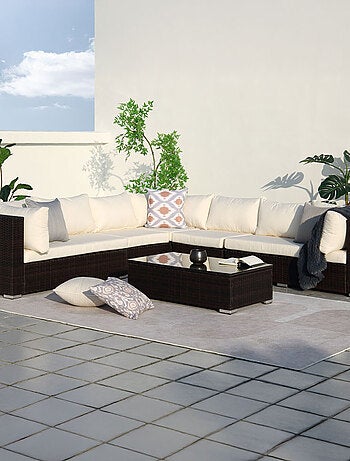 SALENTO Salon de jardin panoramique 8 places en résine tressée noir et blanc