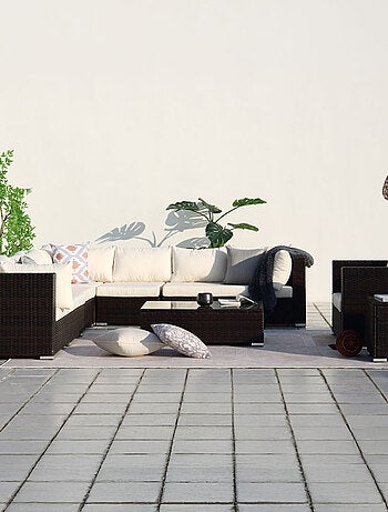 SALENTO Salon de jardin panoramique 8 places en résine tressée noir et blanc