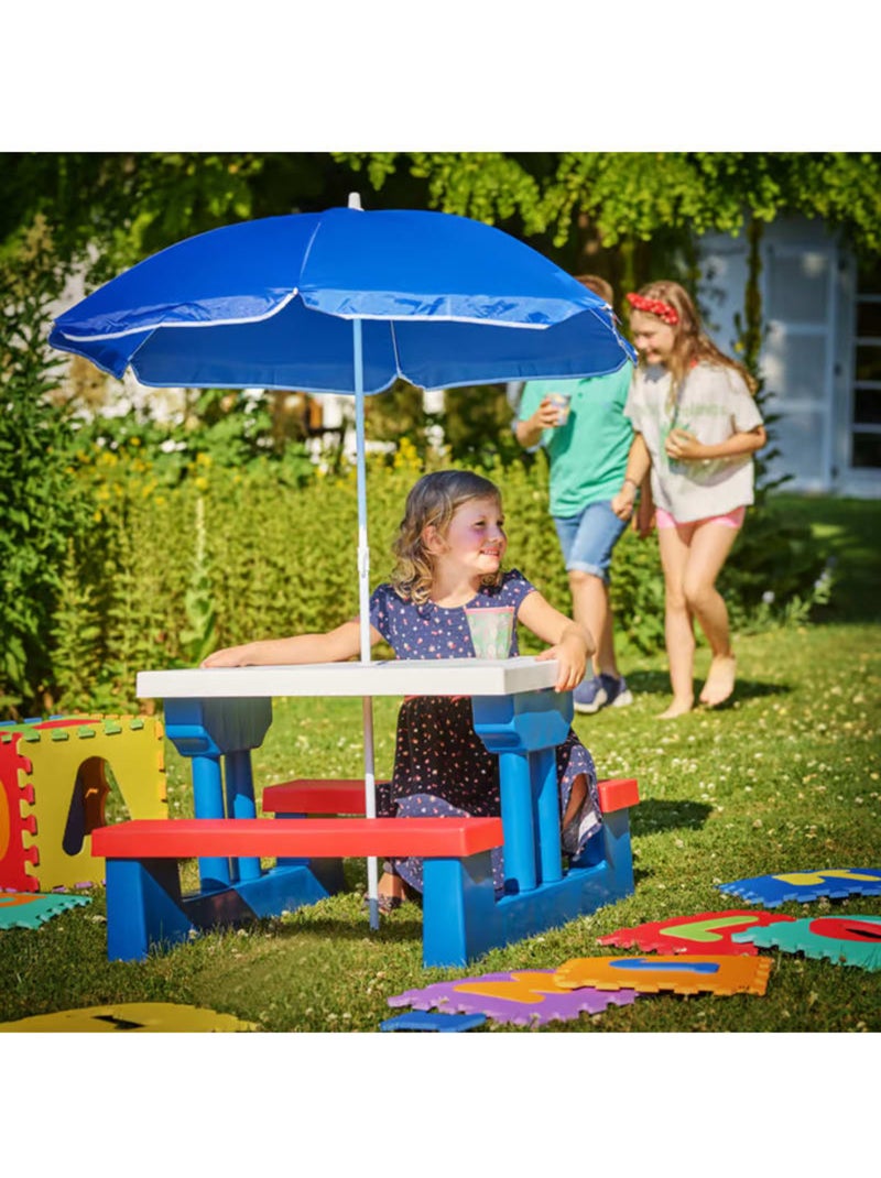 Salon de jardin pour enfants table et bancs avec parasol Blanc / Bleu / Rouge - Kiabi