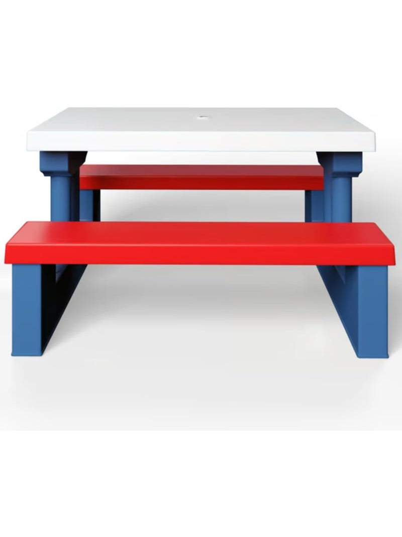 Salon de jardin pour enfants table et bancs avec parasol Blanc / Bleu / Rouge - Kiabi