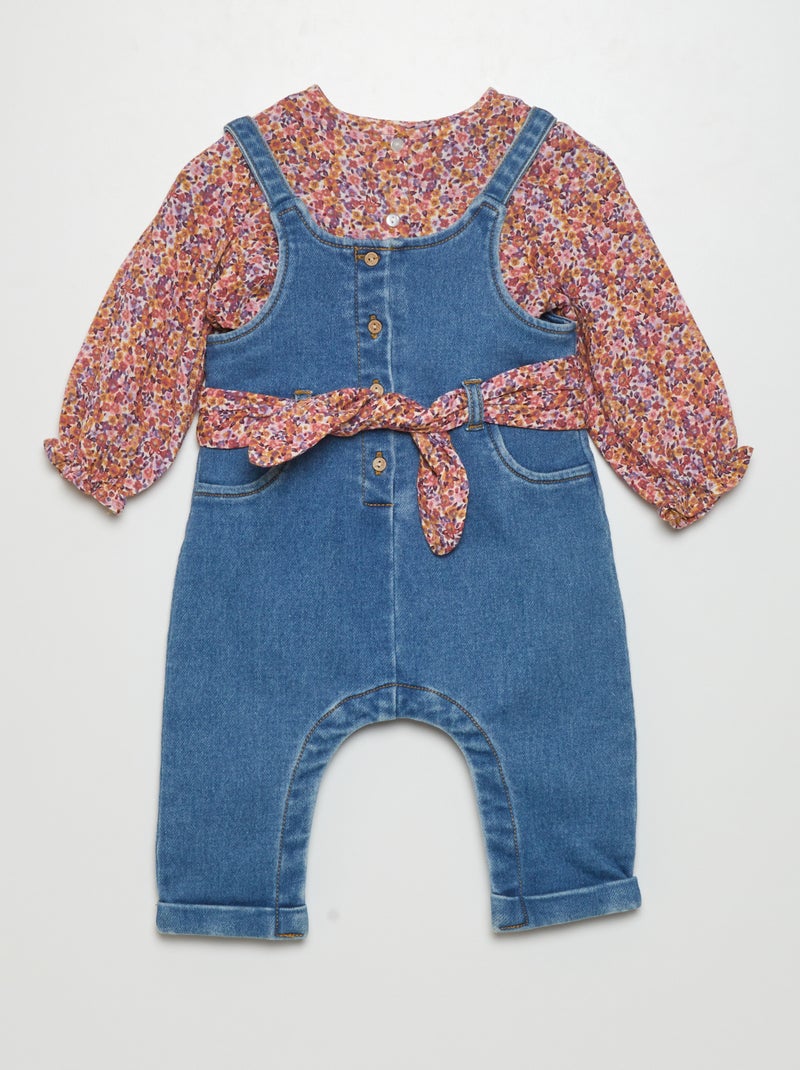 Salopette en denim + blouse - 2 pièces Bleu/rose - Kiabi