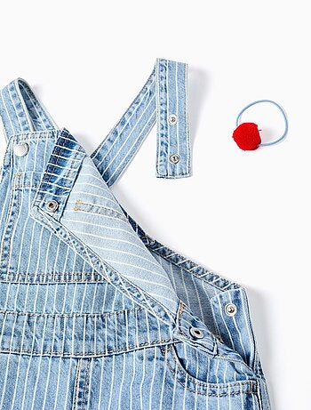 Salopette en Jean Rayée + Élastique à Cheveux avec Pompon