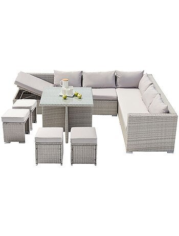 SAMOA Salon de jardin encastrable 10 places noir en résine tressée