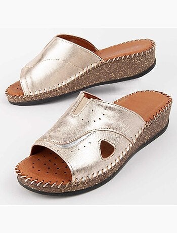 SANDALE COMPENSÉE CUIR NATUREL GOLDEN