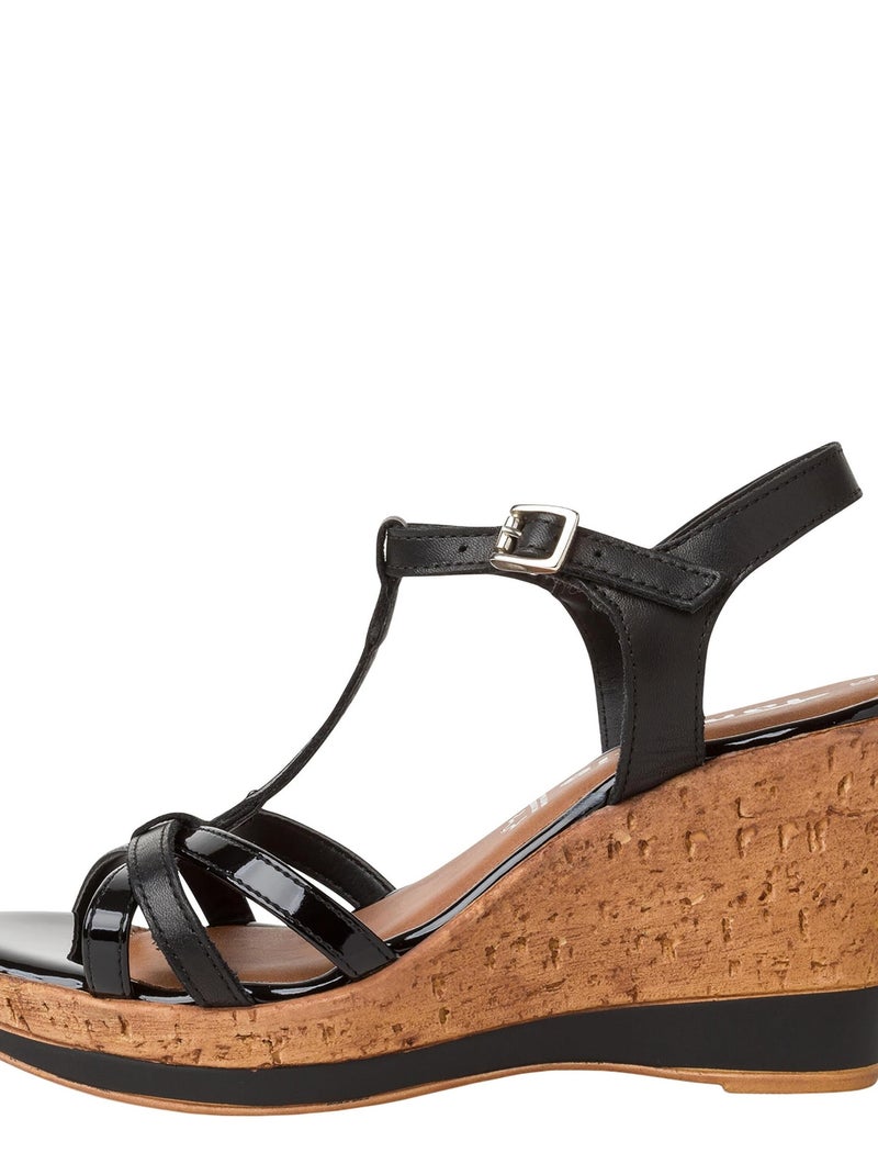 Sandale Compensée Cuir Tamaris Noir - Kiabi