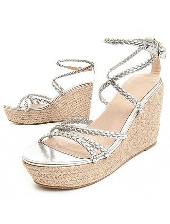SANDALE COMPENSÉE SPARTO SYNTHÉTIQUE ARGENT