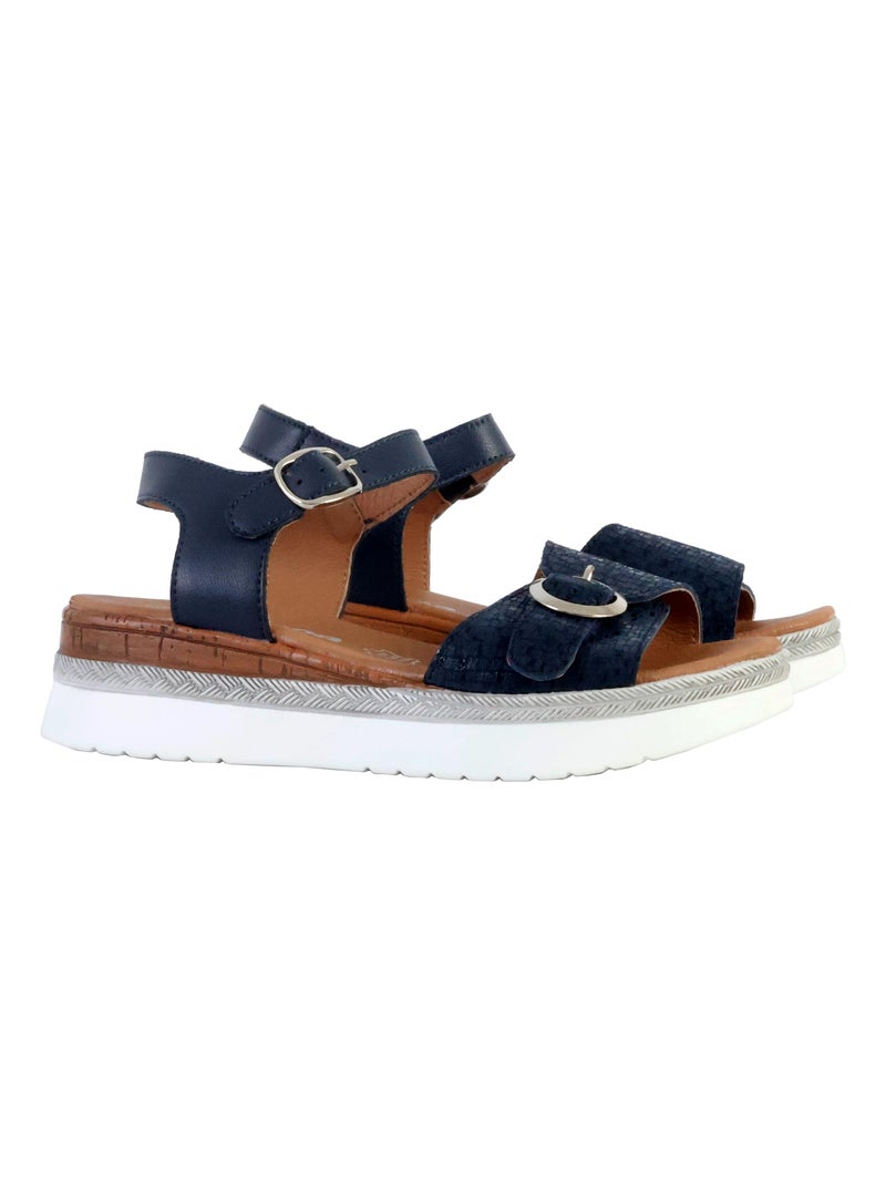 Sandale Plate Cuir TDF Alénoa Bleu marine - Kiabi