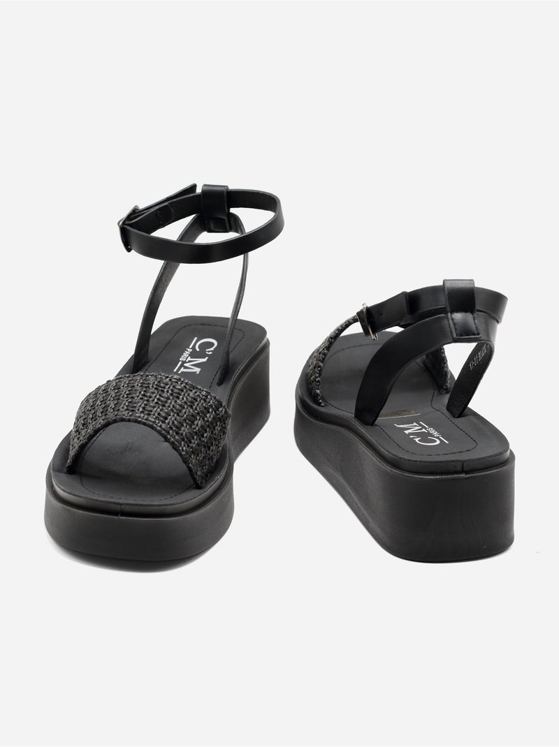 Sandales à large bride tressée - C M Noir - Kiabi