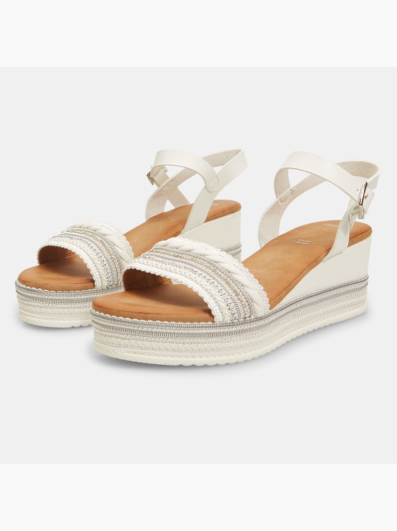 Sandales avec semelle compensée en corde et strass BATA Blanc - Kiabi