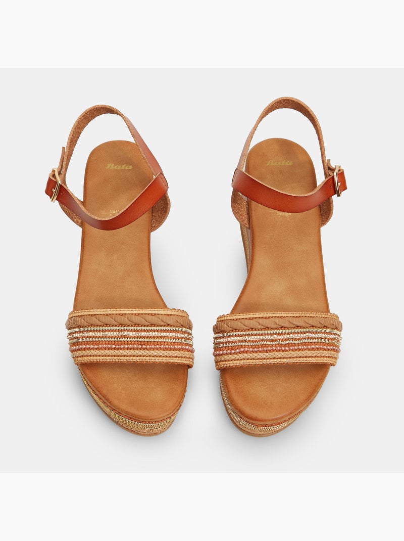Sandales avec semelle compensée en corde et strass BATA Marron - Kiabi