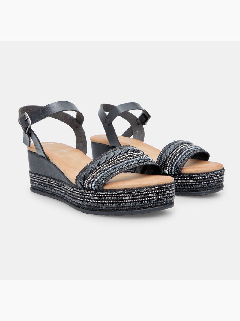 Sandales avec semelle compensée en corde et strass BATA Noir - Kiabi