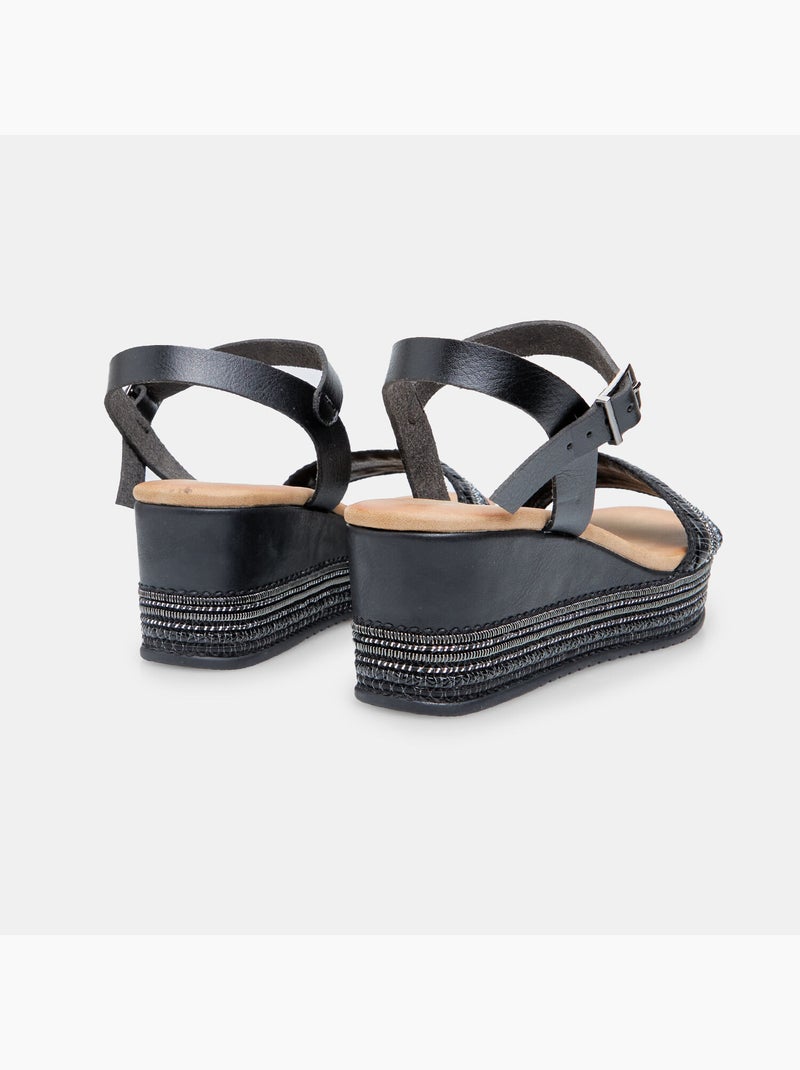 Sandales avec semelle compensée en corde et strass BATA Noir - Kiabi