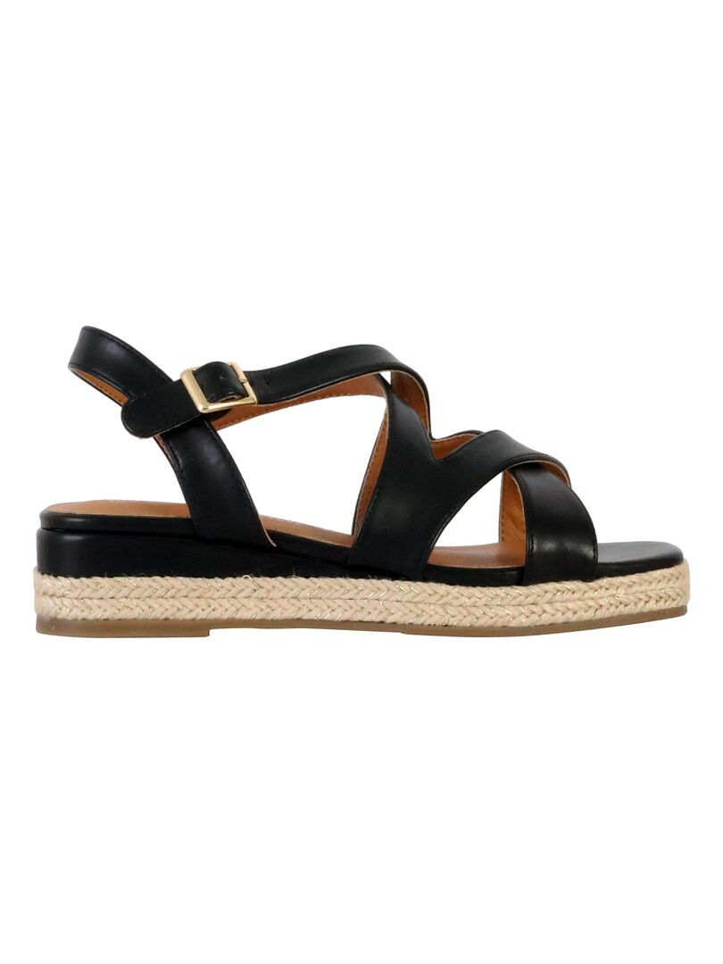 Sandales Compensées Jill Stuart – Cuir Noir, Bride Cheville Croisée, Semelle Bois – Taille 38 – Occasion Très Bon état
