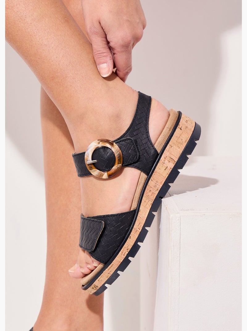 Sandales compensées cuir effet tressé ouverture totale - Afibel Noir - Kiabi
