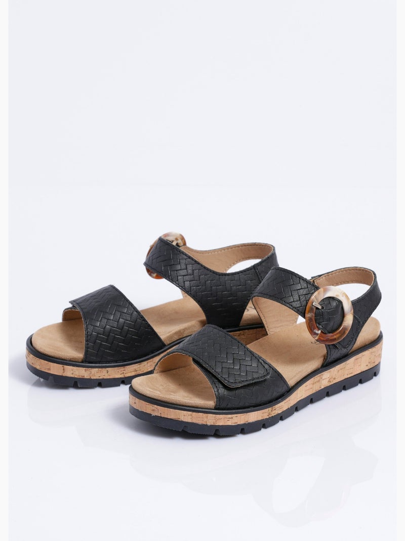Sandales compensées cuir effet tressé ouverture totale - Afibel Noir - Kiabi