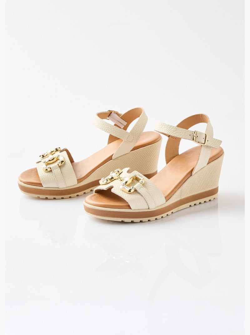 Sandales compensées cuir largeur confort chic - Afibel Beige - Kiabi