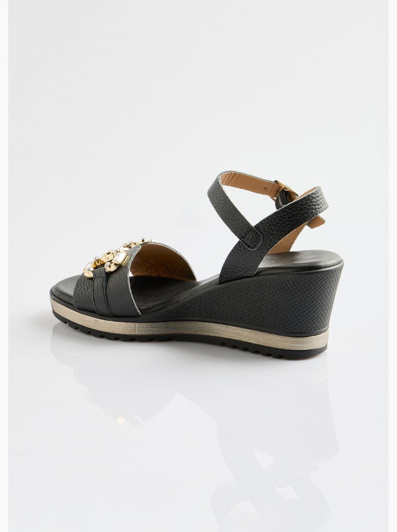 Sandales compensées cuir largeur confort chic - Afibel Noir - Kiabi