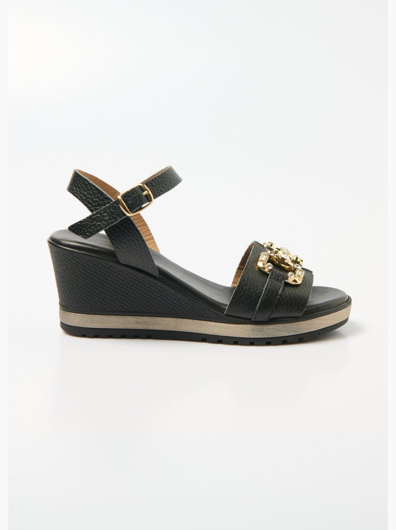 Sandales compensées cuir largeur confort chic - Afibel Noir - Kiabi
