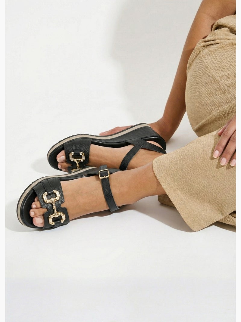Sandales compensées cuir largeur confort chic - Afibel Noir - Kiabi