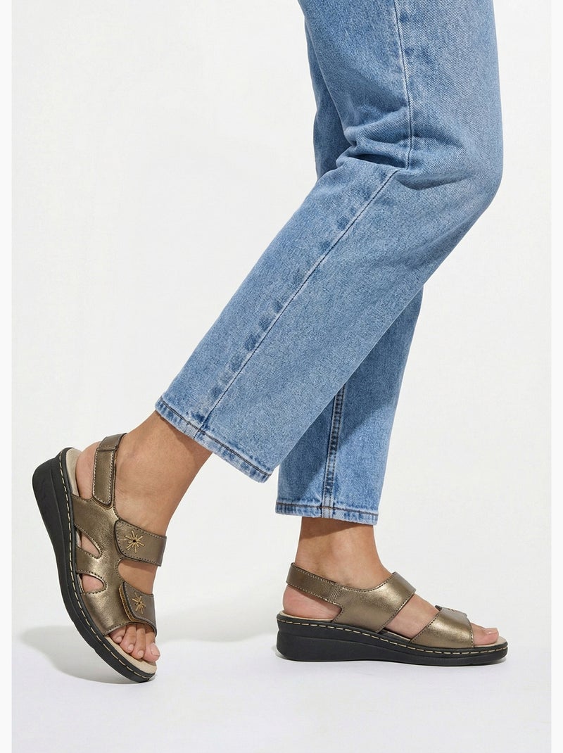 Sandales cuir brodé grande largeur - Afibel Bronze - Kiabi