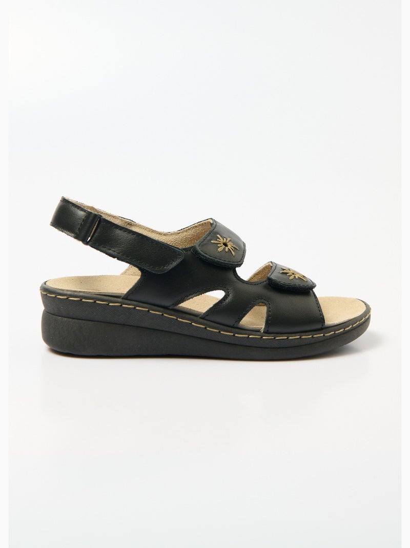 Sandales cuir brodé grande largeur - Afibel Noir - Kiabi