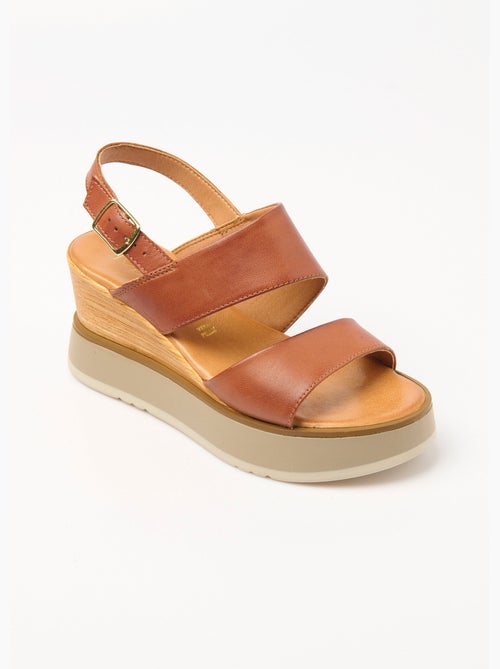 Sandales cuir compensées, talon aspect bois - AFIBEL - Kiabi