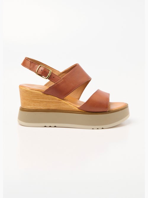 Sandales cuir compensées, talon aspect bois - AFIBEL - Kiabi