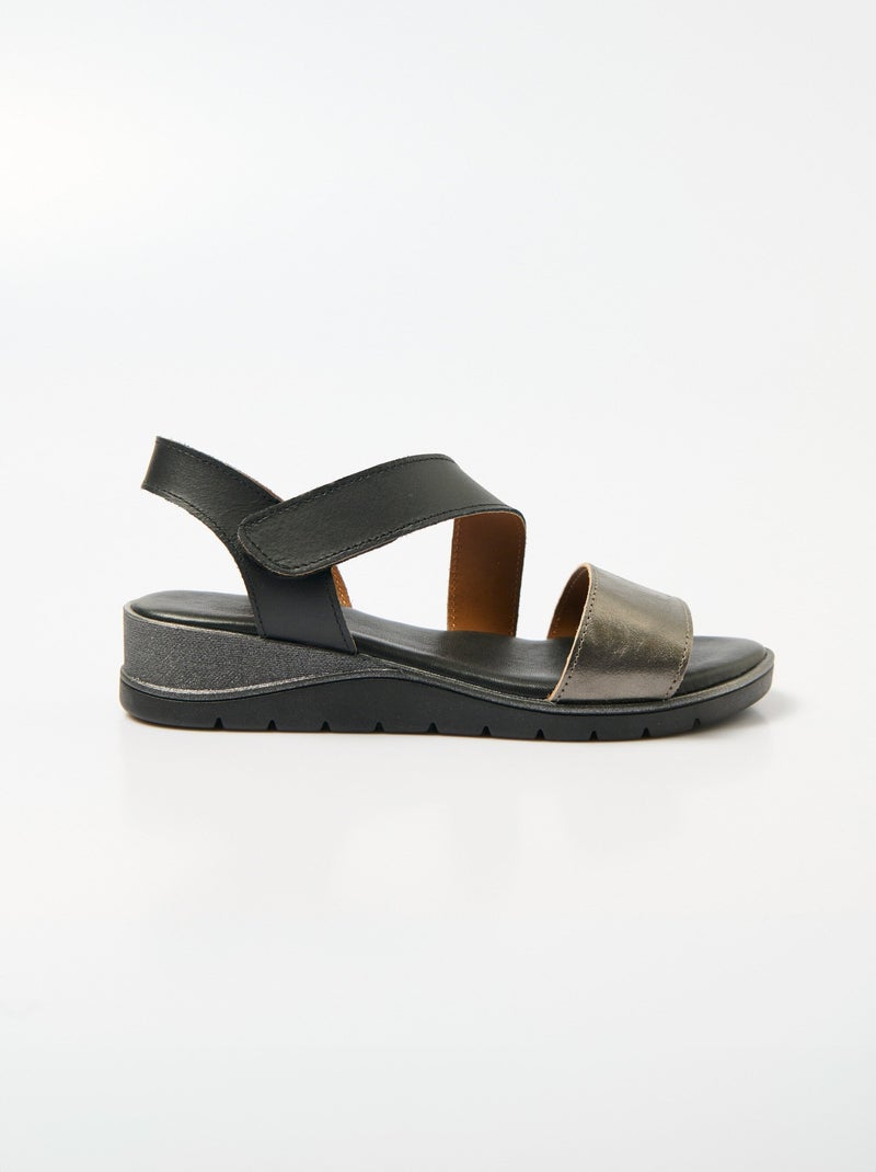 Sandales cuir grande largeur compensées scratchées - Afibel Noir - Kiabi