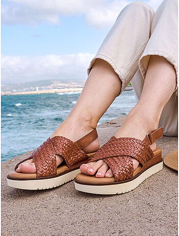 Sandales cuir tressé à scratch - PEDICONFORT