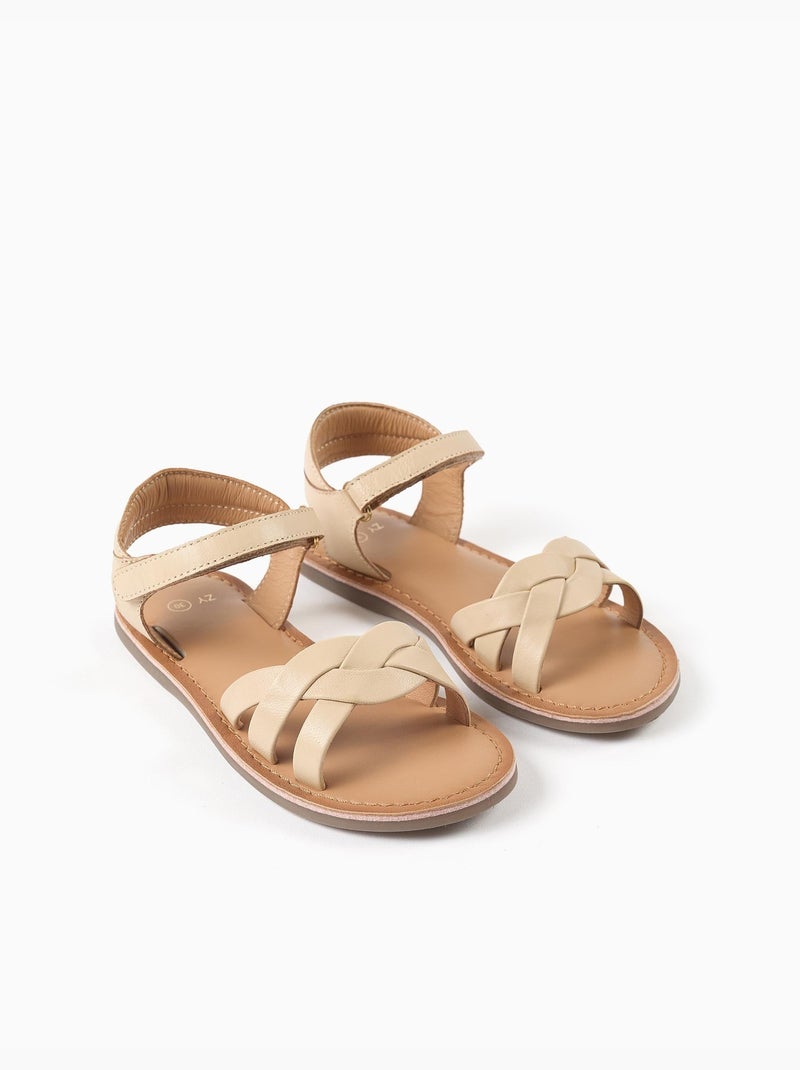 Sandales en cuir avec brides tressées et maintien du talon Beige clair - Kiabi