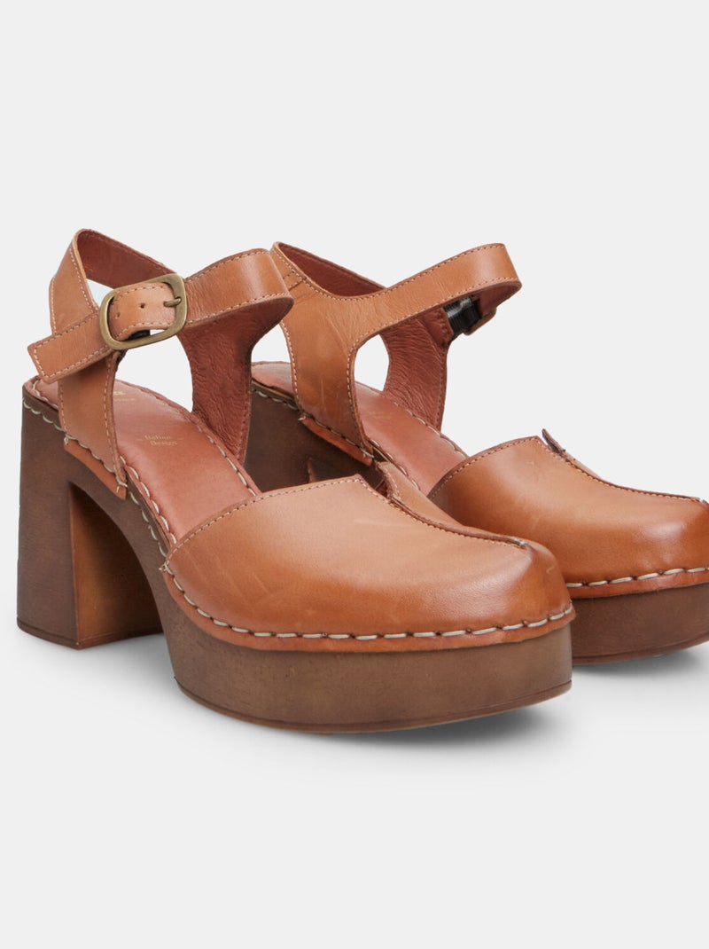 Sandales en cuir avec talon de 9 cm et plateau BATA Marron - Kiabi