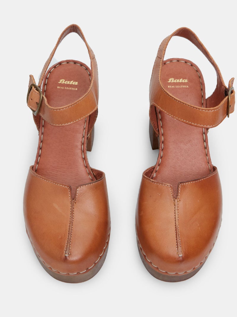 Sandales en cuir avec talon de 9 cm et plateau BATA Marron - Kiabi