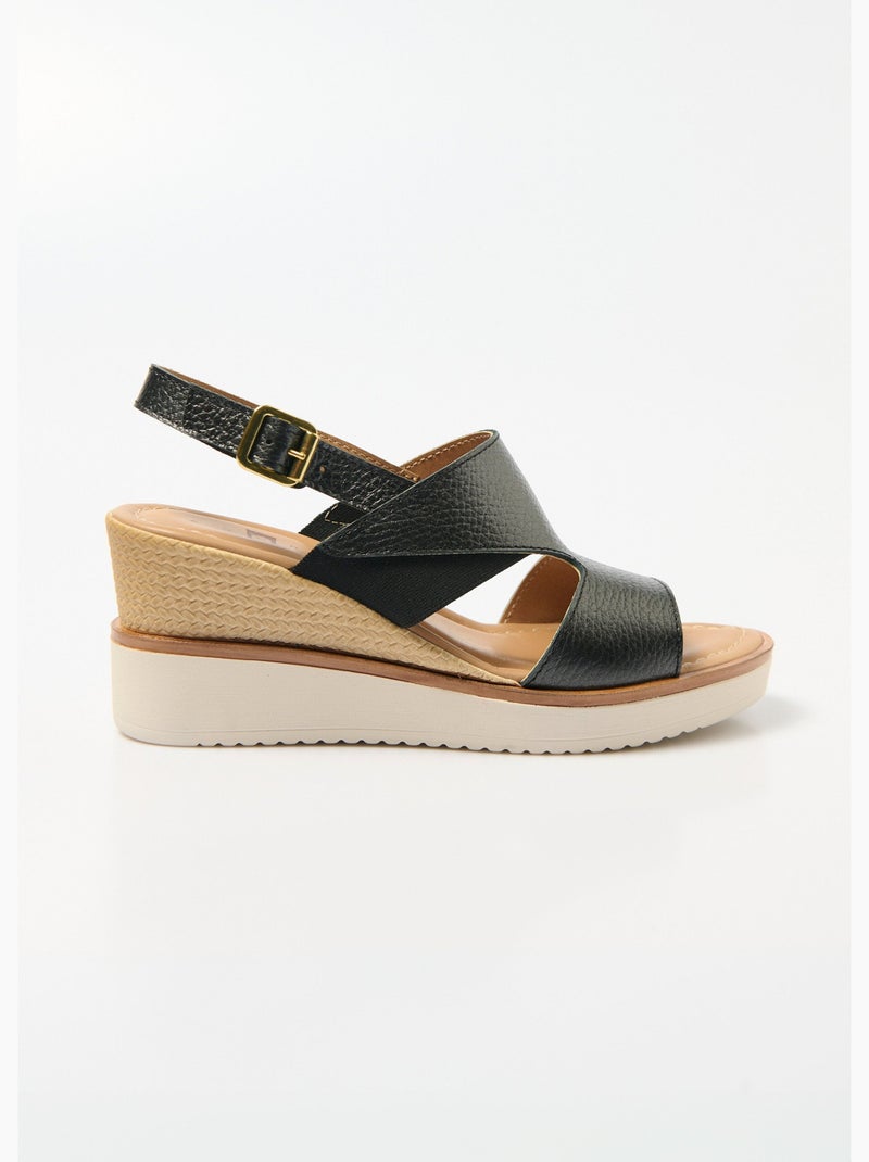 Sandales largeur confort compensées cuir Noir - Kiabi