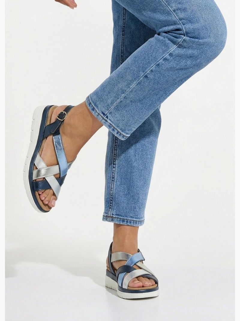 Sandales multibrides compensées grande largeur - Afibel Bleu Argenté - Kiabi