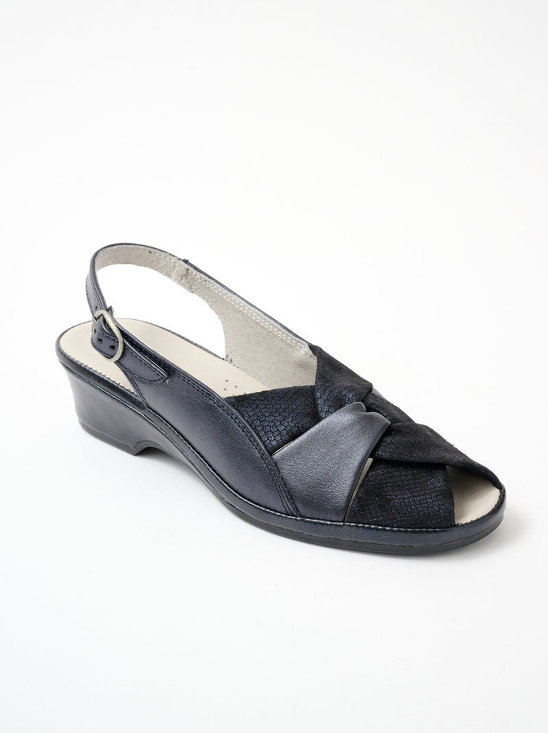 Sandales ouvertes cuir largeur confort Bleu marine - Kiabi