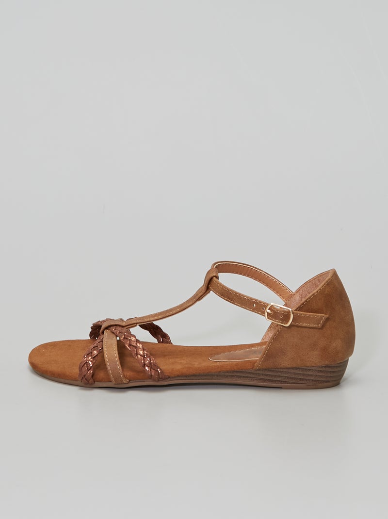 Sandales plates avec brides pailletées camel - Kiabi
