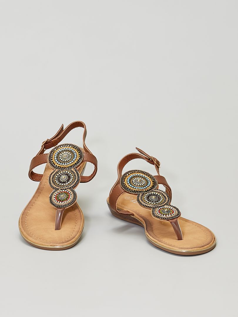 Sandales plates avec perles brun - Kiabi