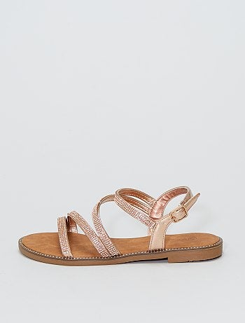 Sandales plates avec perles roses brillantes