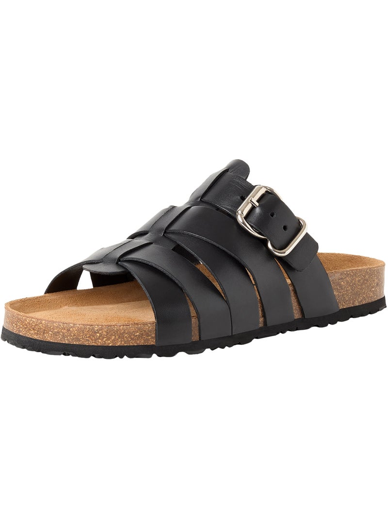 Sandales Plates Cuir Tamaris Noir - Kiabi