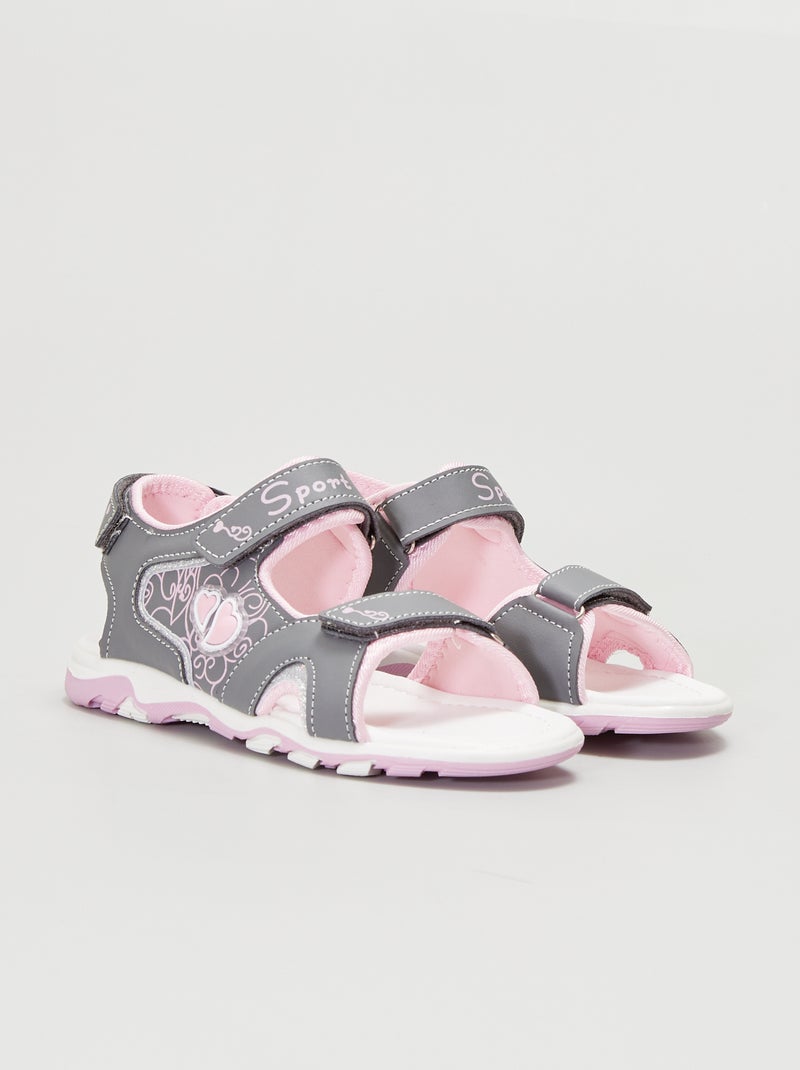 Sandales plates type sport à scratchs gris - Kiabi