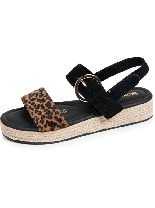 Sandales semelle à mémoire de forme, talon de 3,5cm, design corde et léopard  Isotoner - Kiabi
