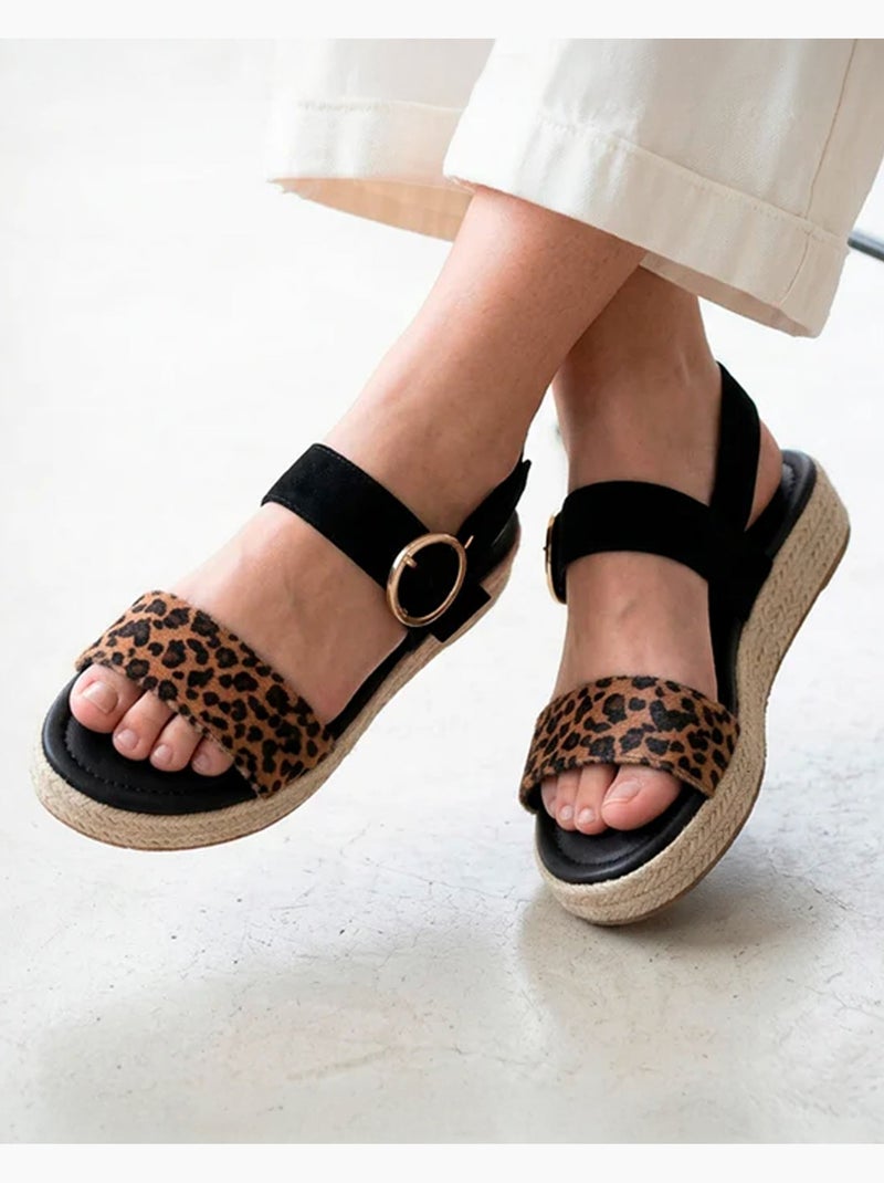 Sandales semelle à mémoire de forme, talon de 3,5cm, design corde et léopard  Isotoner Noir Noir Blanc - Kiabi