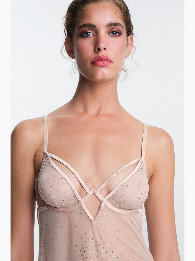Sandy babydoll à détail pierre, sans rembourrage, sans armatures penti Beige argile - Kiabi