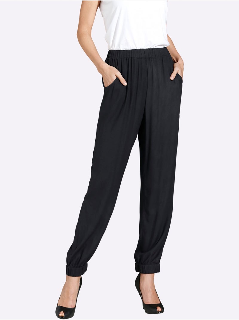 Sarouel en viscose avec ceinture élastique et poches arrondies - Taille courte - Moda Vilona Noir - Kiabi