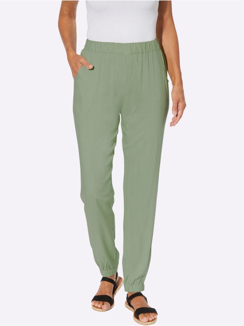 Sarouel fluide en viscose avec ceinture élastique et poches arrondies - Taille courte - Moda Vilona Vert eucalyptus - Kiabi