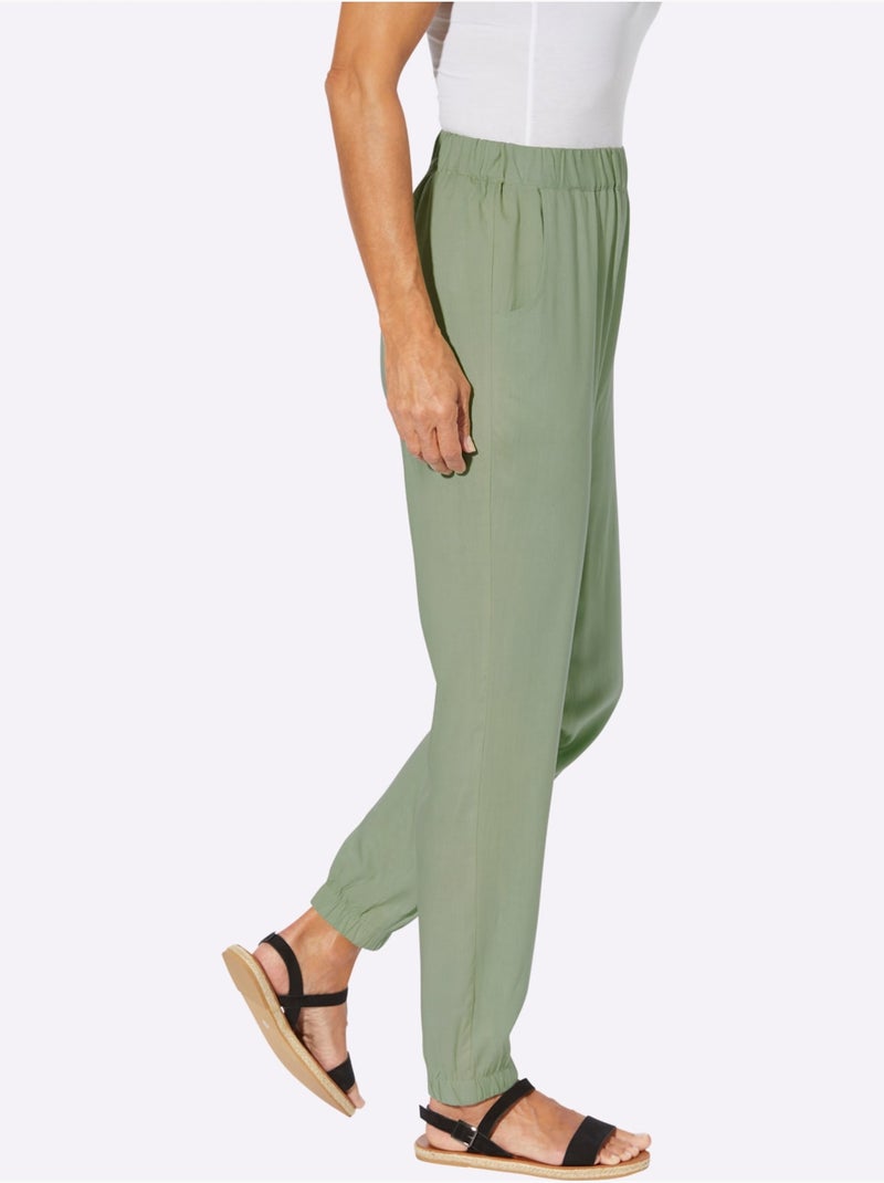 Sarouel fluide en viscose avec ceinture élastique et poches arrondies - Taille courte - Moda Vilona Vert eucalyptus - Kiabi