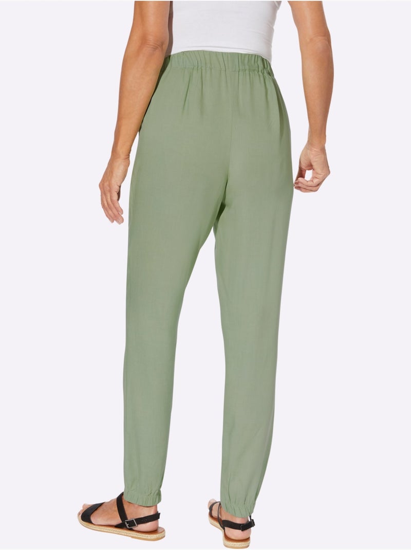 Sarouel fluide en viscose avec ceinture élastique et poches arrondies - Taille courte - Moda Vilona Vert eucalyptus - Kiabi