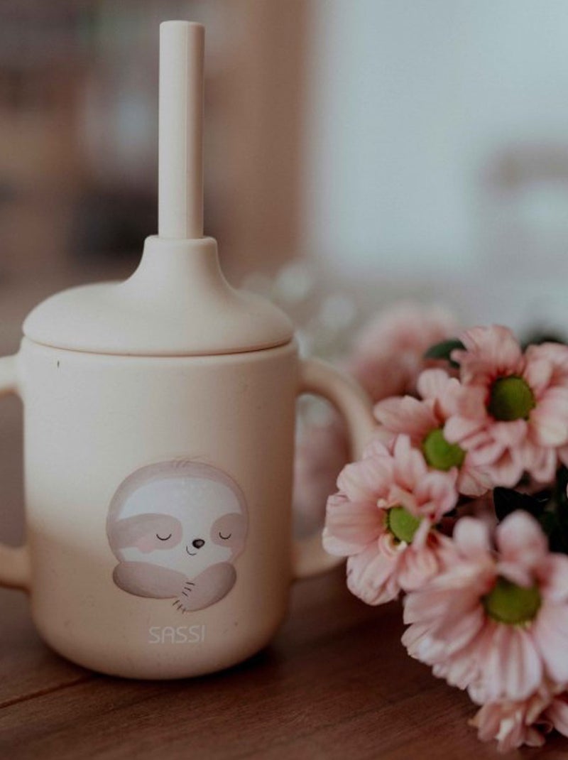 Sassi Junior | Gobelet en silicone avec poignées et paille 120 ml Animaux Beige - Kiabi