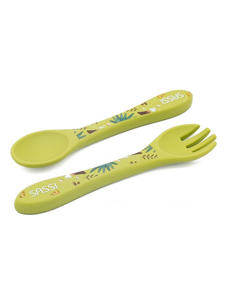 Sassi Junior | Set fourchette et cuillère en silicone Animaux Vert - Kiabi