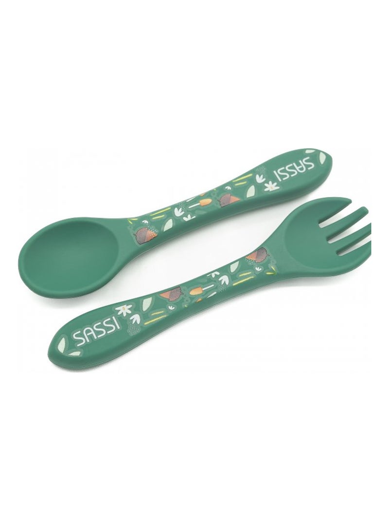 Sassi Junior | Set fourchette et cuillère en silicone Animaux Vert forêt - Kiabi